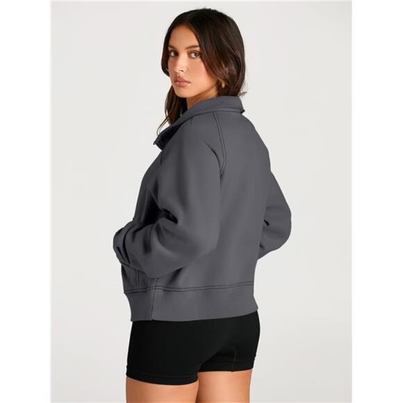Women's Half-Zip Cropped Fleece Hoodie with Thumb Holes – Fall Pullover - Picture 5 of 7